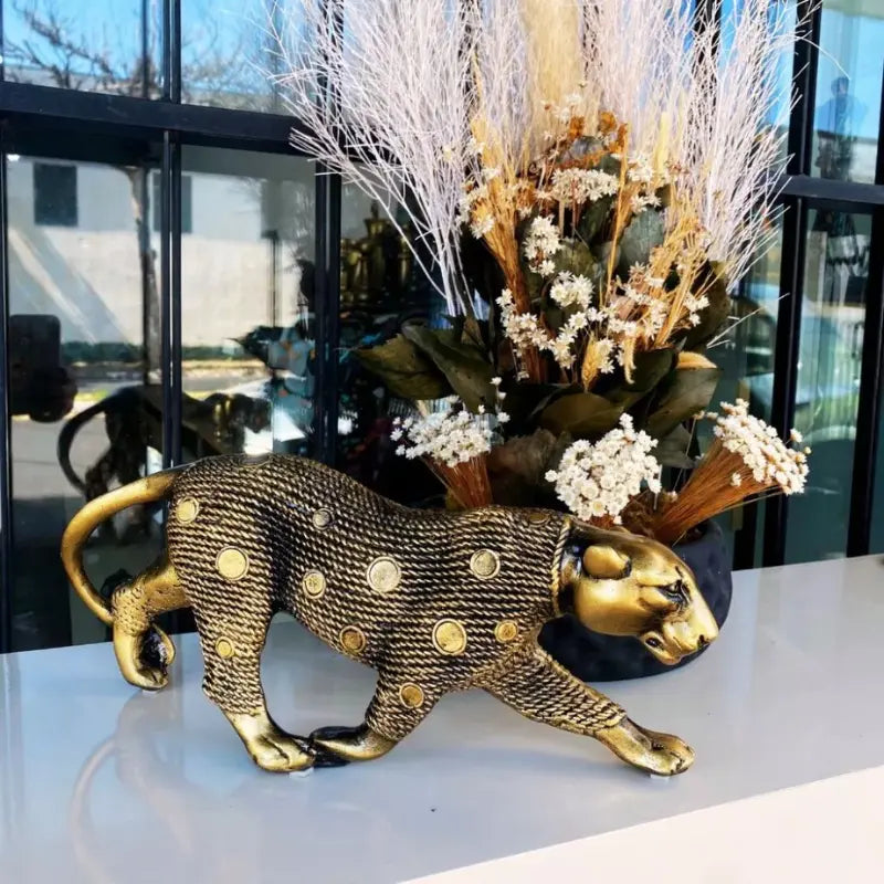 Estatueta Casal Leopardo Dourado Envelhecido