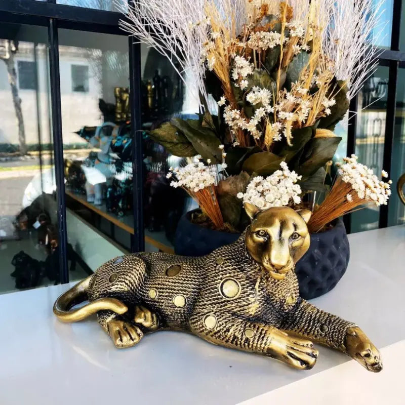 Estatueta Casal Leopardo Dourado Envelhecido