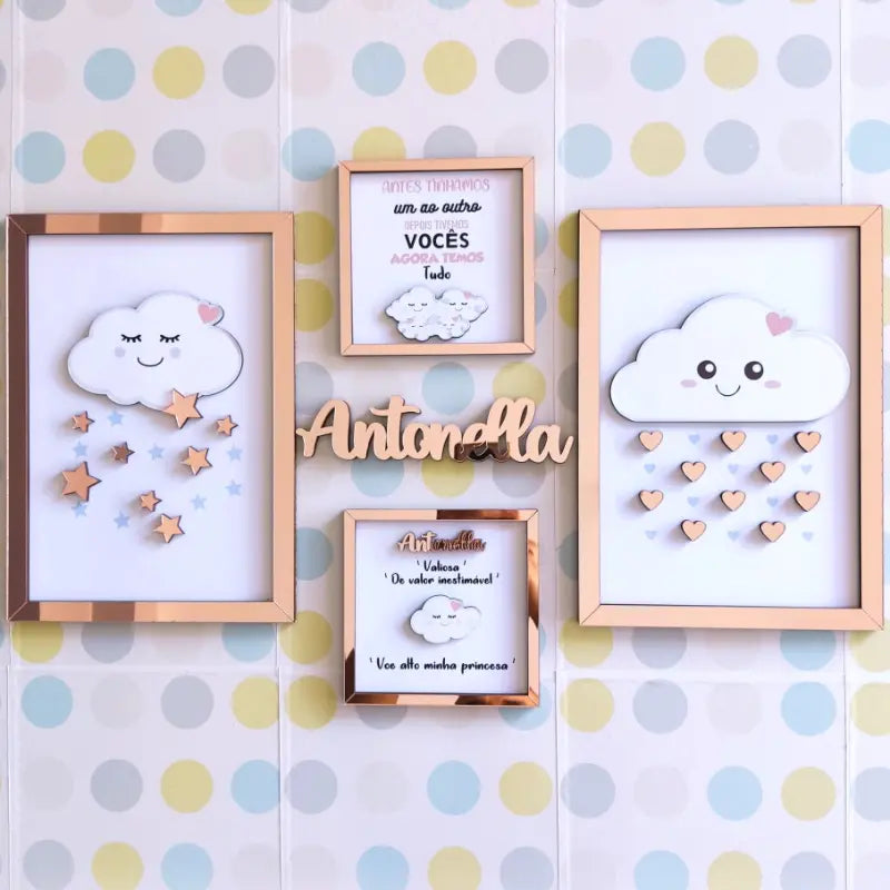 Kit Quadrinho Infantil Tema Nuvem Para Decoração de Quarto Menina
