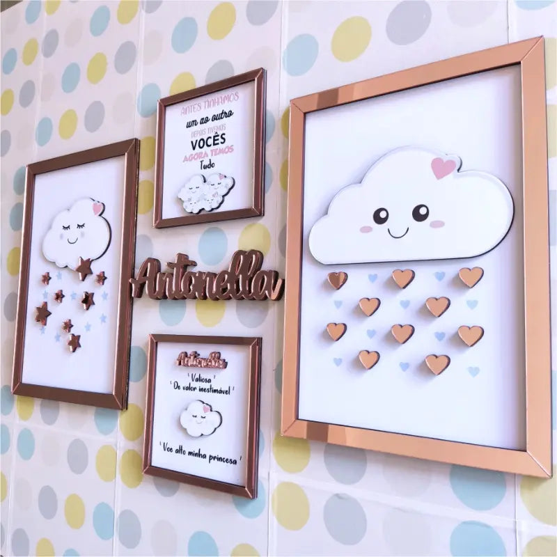 Kit Quadrinho Infantil Tema Nuvem Para Decoração de Quarto Menina