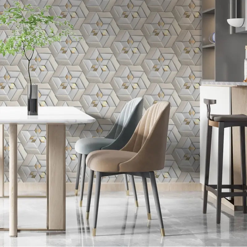 Papel de Parede Vinílico em 3D com Efeito Gesso - Branco Fosco e Dourado