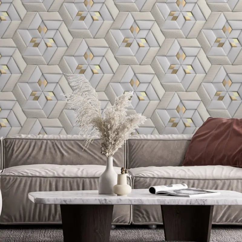 Papel de Parede Vinílico em 3D com Efeito Gesso - Branco Fosco e Dourado