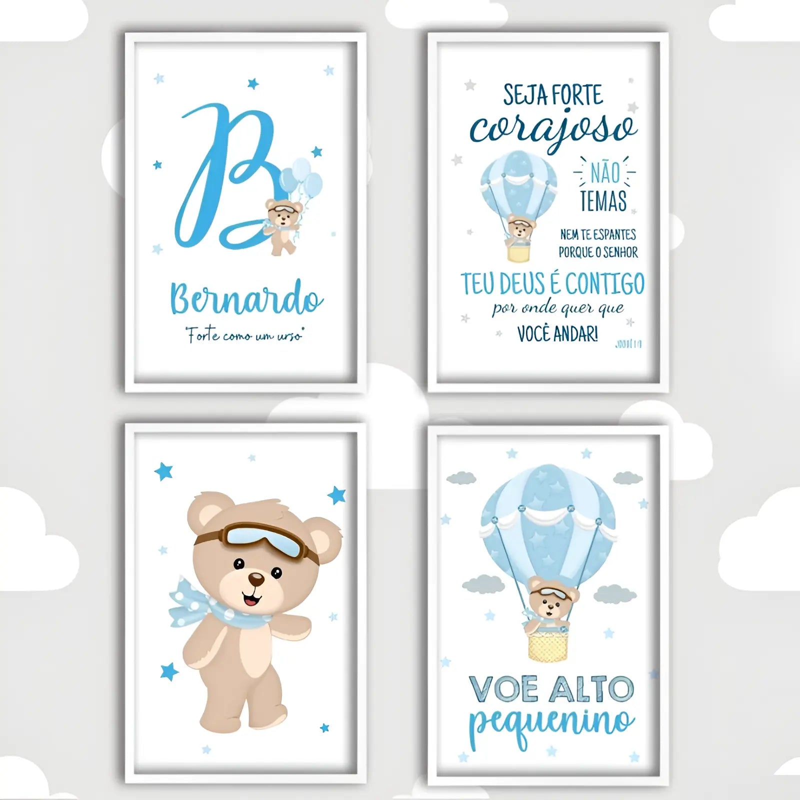 kit Quadrinho Infantil Quarto Menino 4 peças + Nome Personalizado