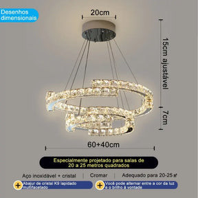 Lustre de Cristal com Pingente em Anel e Luz LED de Espectro Completo com Proteção Ocular