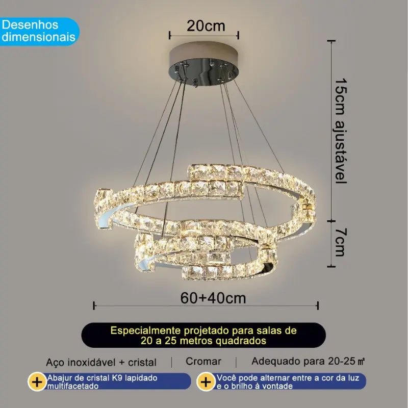 Lustre de Cristal com Pingente em Anel e Luz LED de Espectro Completo com Proteção Ocular