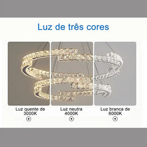 Lustre de Cristal com Pingente em Anel e Luz LED de Espectro Completo com Proteção Ocular