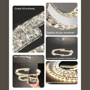 Lustre de Cristal com Pingente em Anel e Luz LED de Espectro Completo com Proteção Ocular