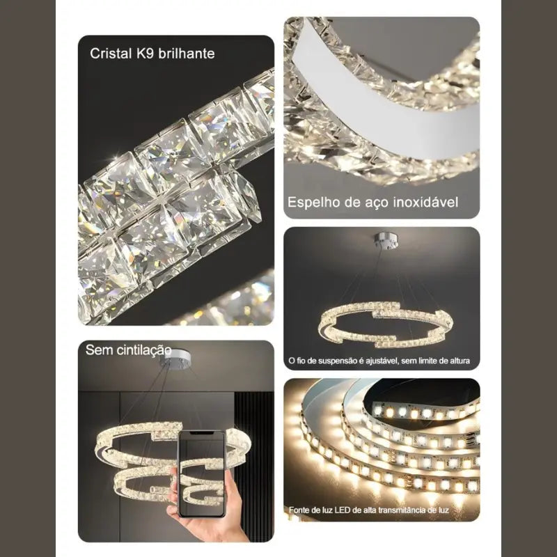 Lustre de Cristal com Pingente em Anel e Luz LED de Espectro Completo com Proteção Ocular
