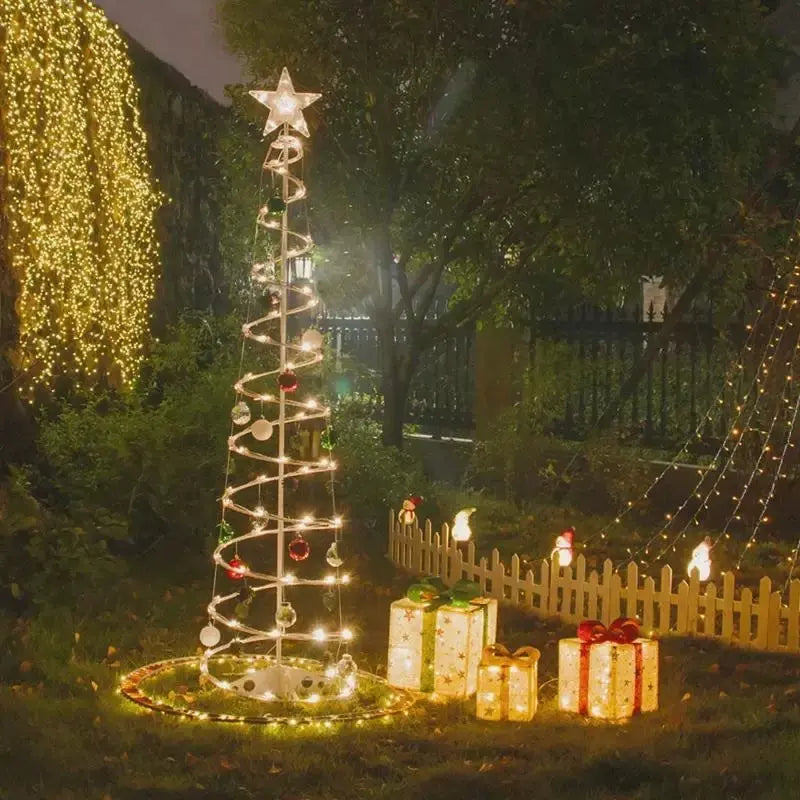 Árvore de Natal Espiral LED 1,8M + Papai Noel, Bengala Pequena, Sinos Dourados e outras Decorações Suspensas