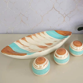 Conjunto Cerâmico Decorativo com Esferas e Bandeja – Detalhes em Dourado e Design Exclusivo
