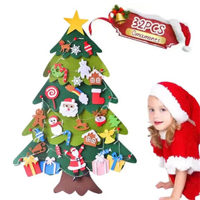 Árvore De Natal em Feltro com 32 Enfeites e Luz Led - Decoração Para Crianças