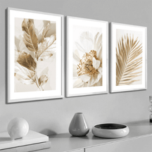 Kit 3 Quadros Decorativos Folhagem Dourada