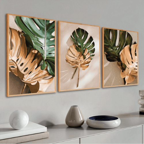 Kit 3 Quadros Decorativo Moderno Folhagem