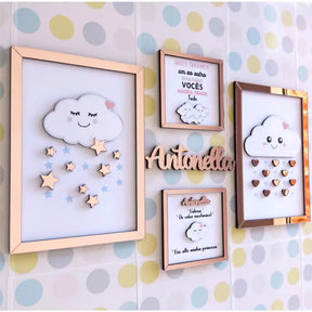 Kit Quadrinho Infantil Tema Nuvem Para Decoração de Quarto Menina